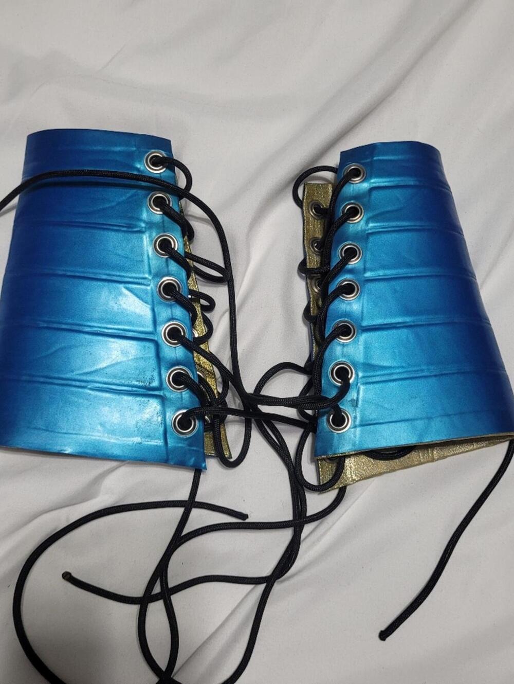 REAL LATEX by DAWNAMATRIX Blue & Silver/ Gold Lace-Up Gauntletts